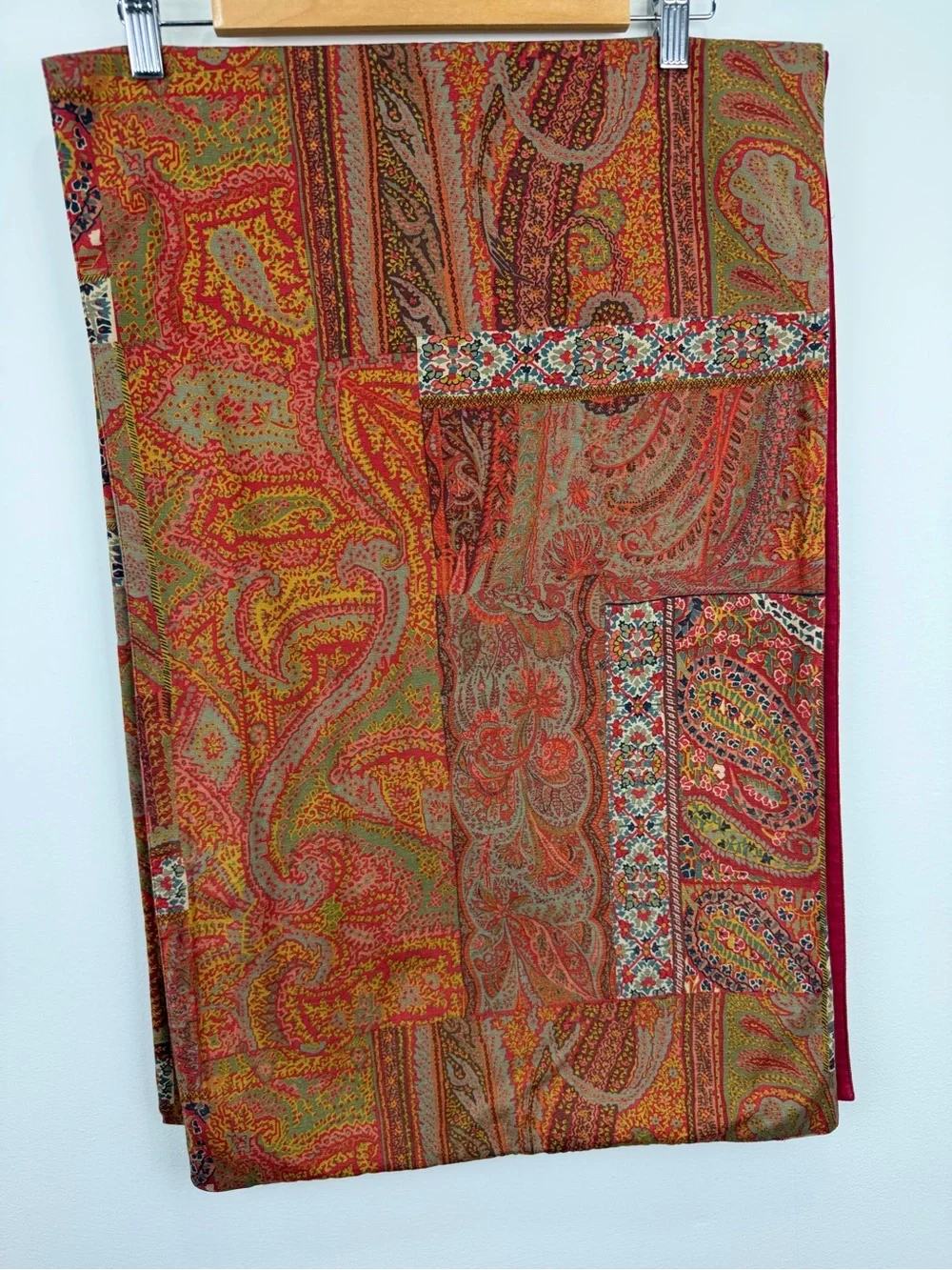 Vibrant Paisley Patchwork Scarf - Red & Olive